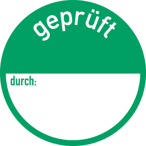 Plakette mit Text "geprüft durch..."