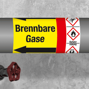 Kennzeichungsband Brennbare Gase mit Gefahrensymbol