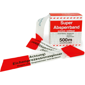 Absperrband mit Text "Achtung Eichenprozessionsspinner!